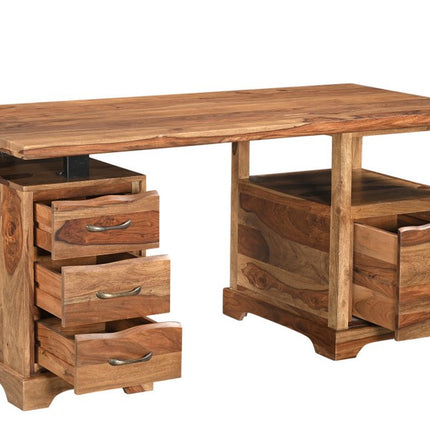 68" Brown Solid Wood Writing Desk and Bookshelf Set With Four Drawers