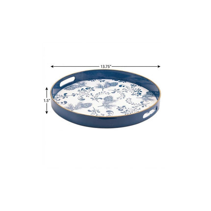14" Blue White And Gold Pinecone Round Serving Tray