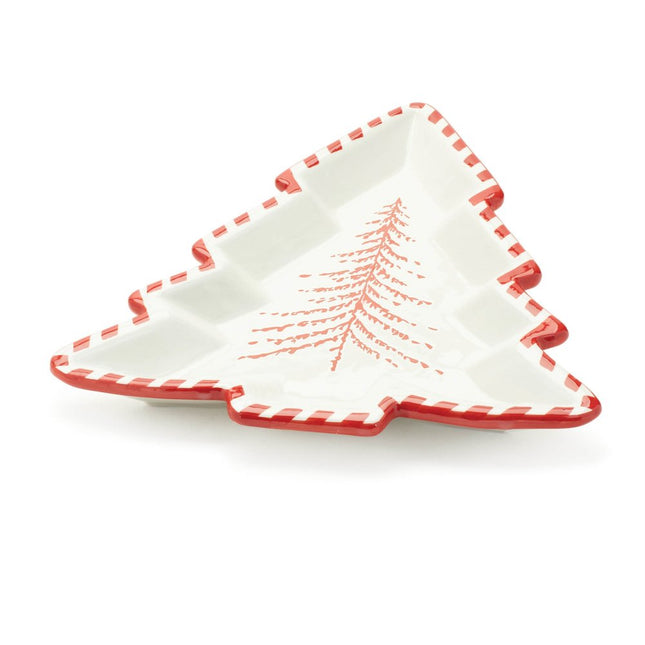 Set of Two Red And White Ceramic Tree Shaped Christmas Serving Trays
