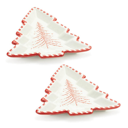 Set of Two Red And White Ceramic Tree Shaped Christmas Serving Trays