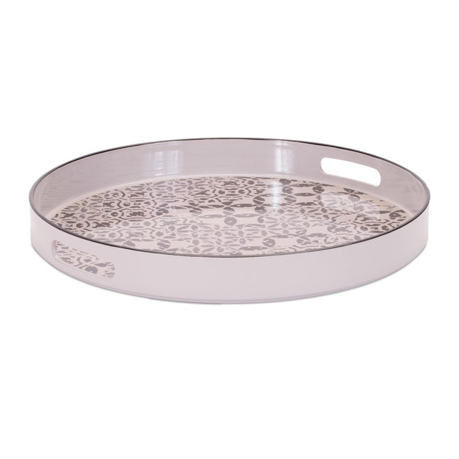 14" Cream And Gray Geometric Pad Print Round Serving Tray With Handles