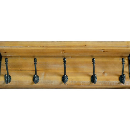 6" Black And Brown Metal And Solid Wood Five Hook Wall Mount Coat Rack