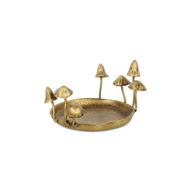 6" Antiqued Gold Cast Iron Mushrooms Trinket Tray