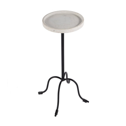25" White and Black Marble and Iron Round Pedestal End Table