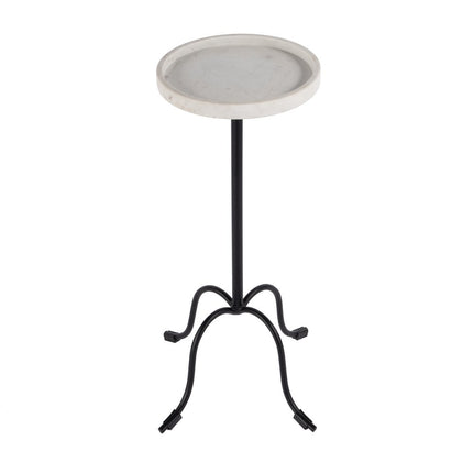 25" White and Black Marble and Iron Round Pedestal End Table