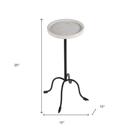 25" White and Black Marble and Iron Round Pedestal End Table