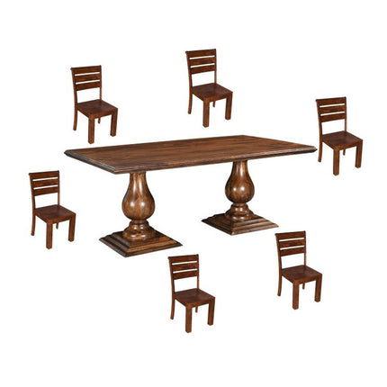 Seven Piece Brown Solid Wood Dining Set with Six Chairs