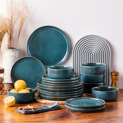 18pcs Elegant Blue Stoneware Dinner Set with Dual-Sided Reactive Glaze - Includes Dinner Plates