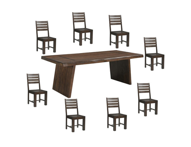 Nine Piece Brown Solid Wood Dining Set with Eight Chairs