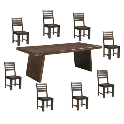 Nine Piece Brown Solid Wood Dining Set with Eight Chairs
