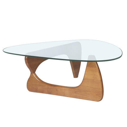 54" Clear and Brown Glass and Wood Triangle Abstract Coffee Table