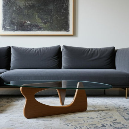 54" Clear and Brown Glass and Wood Triangle Abstract Coffee Table