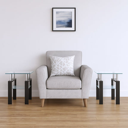 Clear and Black Glass and Metal Square End Tables With Shelf
