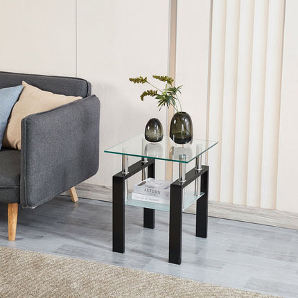 Clear and Black Glass and Metal Square End Tables With Shelf