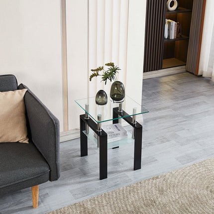 Clear and Black Glass and Metal Square End Tables With Shelf