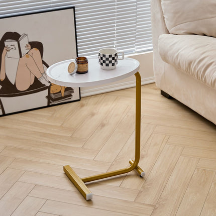 Set of Two White and Gold Faux Marble and Metal Oval End Tables