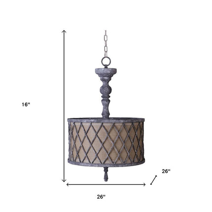 Gray Drum Distressed Galvanized Metal Dimmable Chandelier With Natural Shade