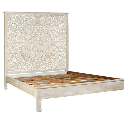 White Carved Floral Distressed Solid Wood Queen Bed Frame