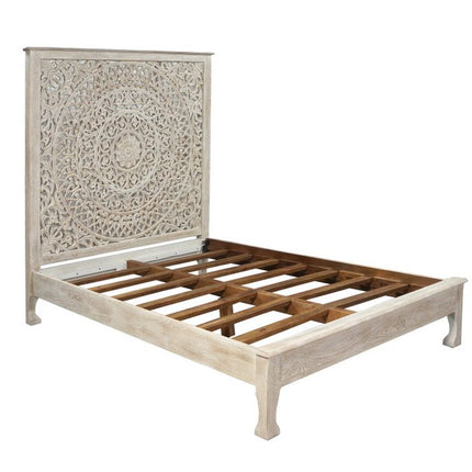 White Carved Floral Distressed Solid Wood Queen Bed Frame