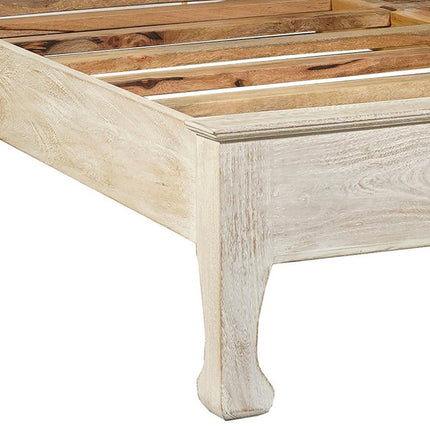White Carved Floral Distressed Solid Wood Queen Bed Frame
