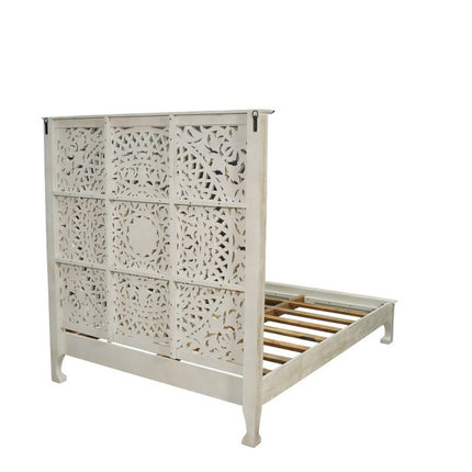 White Carved Floral Distressed Solid Wood Queen Bed Frame
