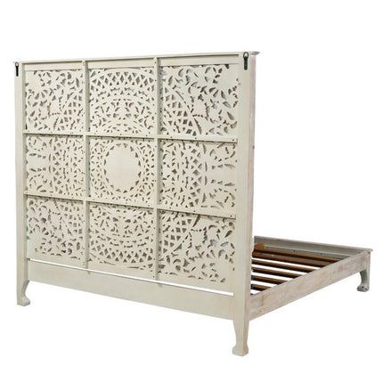 White Carved Floral Distressed Solid Wood King Bed Frame