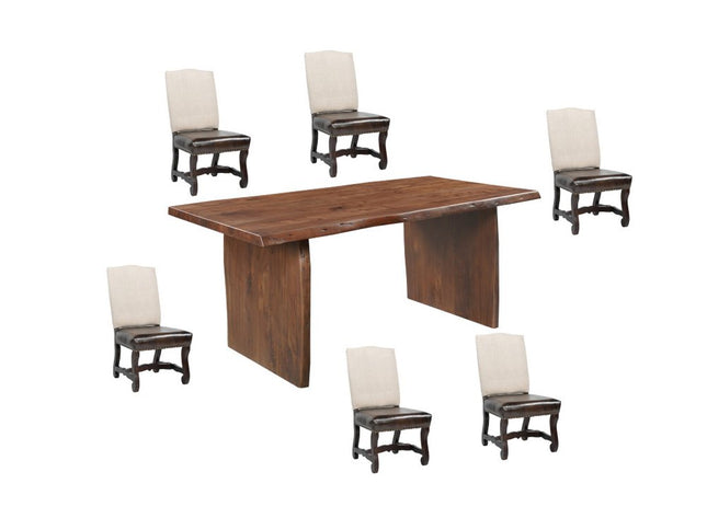 Seven Piece Brown Solid Wood Dining Set with Six Chairs