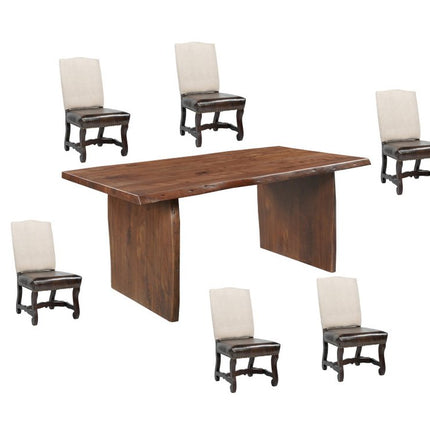 Seven Piece Brown Solid Wood Dining Set with Six Chairs
