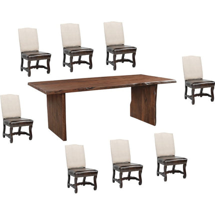 Nine Piece Brown Solid Wood Dining Set with Eight Chairs