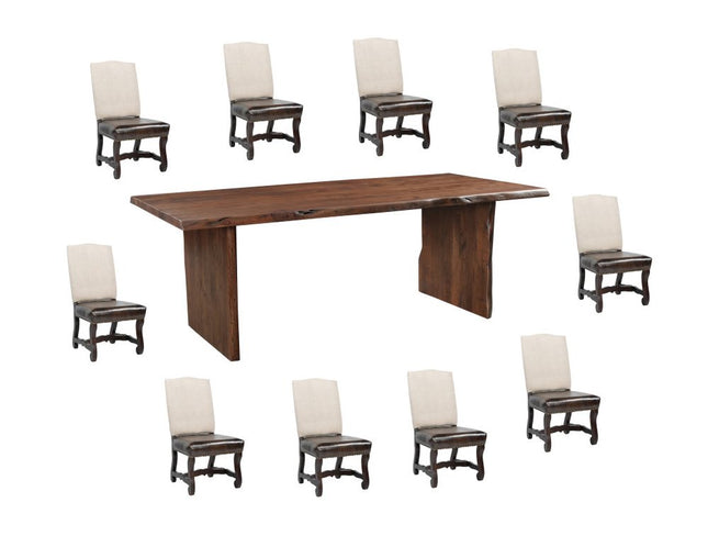 11 Piece Brown Solid Wood Dining Set with 10