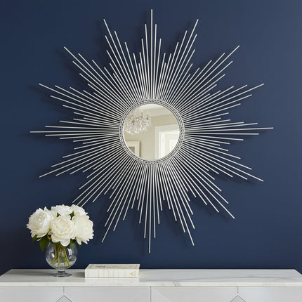 32" Silver Metal Sunburst Geometric Framed Accent Mirror