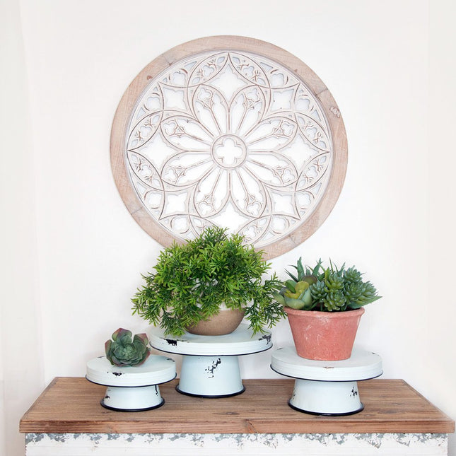 Set of Three White Metal Round Riser Trays