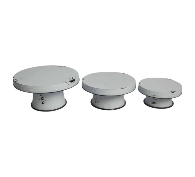 Set of Three White Metal Round Riser Trays