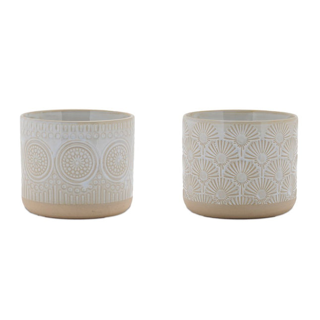 Set of Two Beige And White Porcelain 1 Ounce Geometric Round Pot Planters