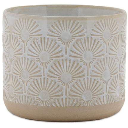 Set of Two Beige And White Porcelain 1 Ounce Geometric Round Pot Planters