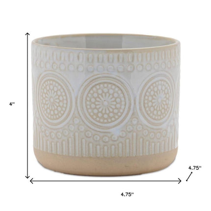 Set of Two Beige And White Porcelain 1 Ounce Geometric Round Pot Planters