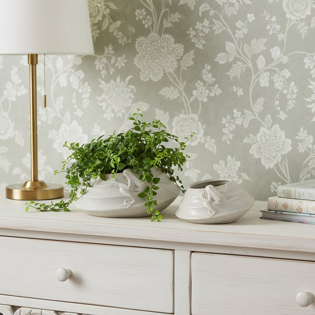 Set of Two Beige Porcelain 1 Ounce Frog Round Pot Planters