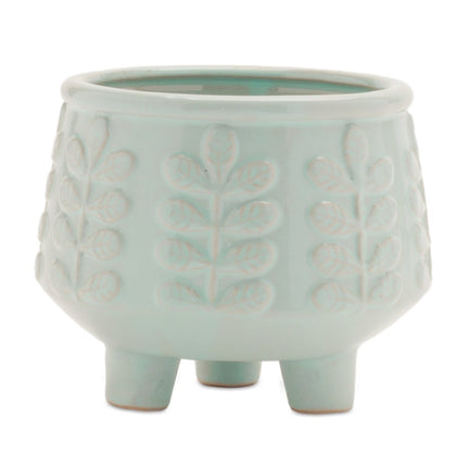 Set of Four Teal Blue Ceramic 1 Ounce Leaf Round Pot Planters