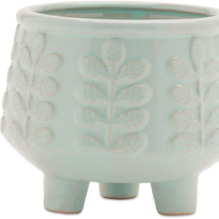 Set of Four Teal Blue Ceramic 1 Ounce Leaf Round Pot Planters