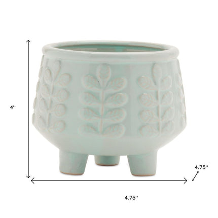 Set of Four Teal Blue Ceramic 1 Ounce Leaf Round Pot Planters