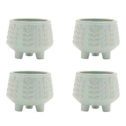 Set of Four Teal Blue Ceramic 1 Ounce Leaf Round Pot Planters