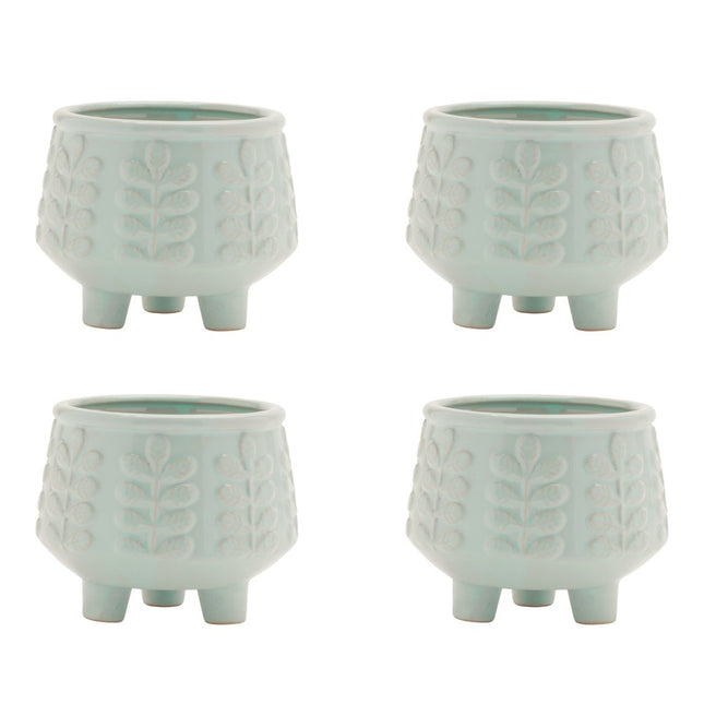 Set of Four Teal Blue Ceramic 1 Ounce Leaf Round Pot Planters