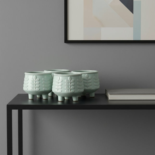 Set of Four Teal Blue Ceramic 1 Ounce Leaf Round Pot Planters