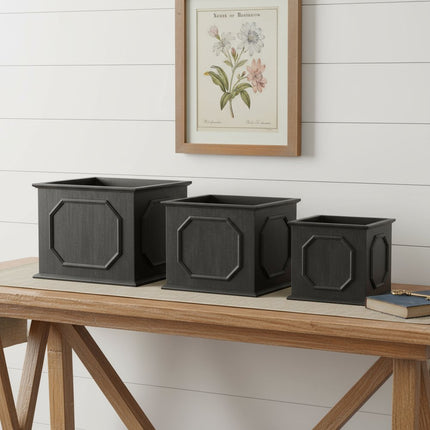 Set of Three Black Wood 1 Ounce Geometric Rectangular Planter Boxes