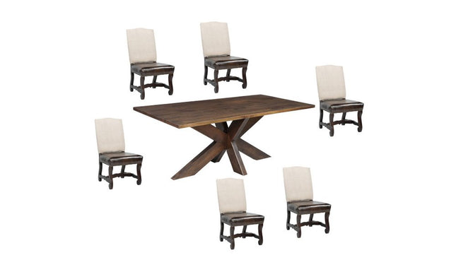 Seven Piece Brown Solid Wood Dining Set with Six Chairs