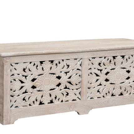52" White Distressed Solid Wood Carved Floral Storage Ottoman
