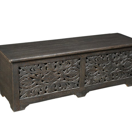 52" Black Distressed Solid Wood Carved Floral Storage Ottoman