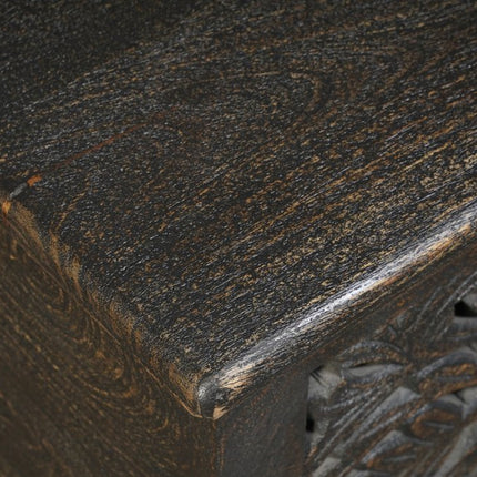 52" Black Distressed Solid Wood Carved Floral Storage Ottoman