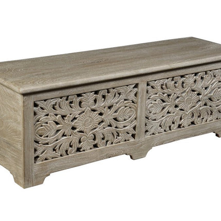 52" Gray Distressed Solid Wood Carved Floral Storage Ottoman