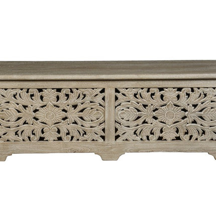 52" Gray Distressed Solid Wood Carved Floral Storage Ottoman